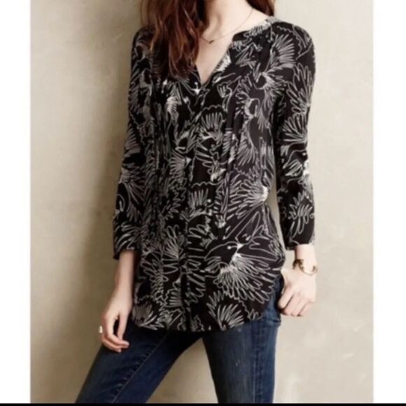 ANTHROPOLOGIE Maeve Black & White Bird Print Pintuck Pleated Button Down Blouse - Picture 1 of 12
